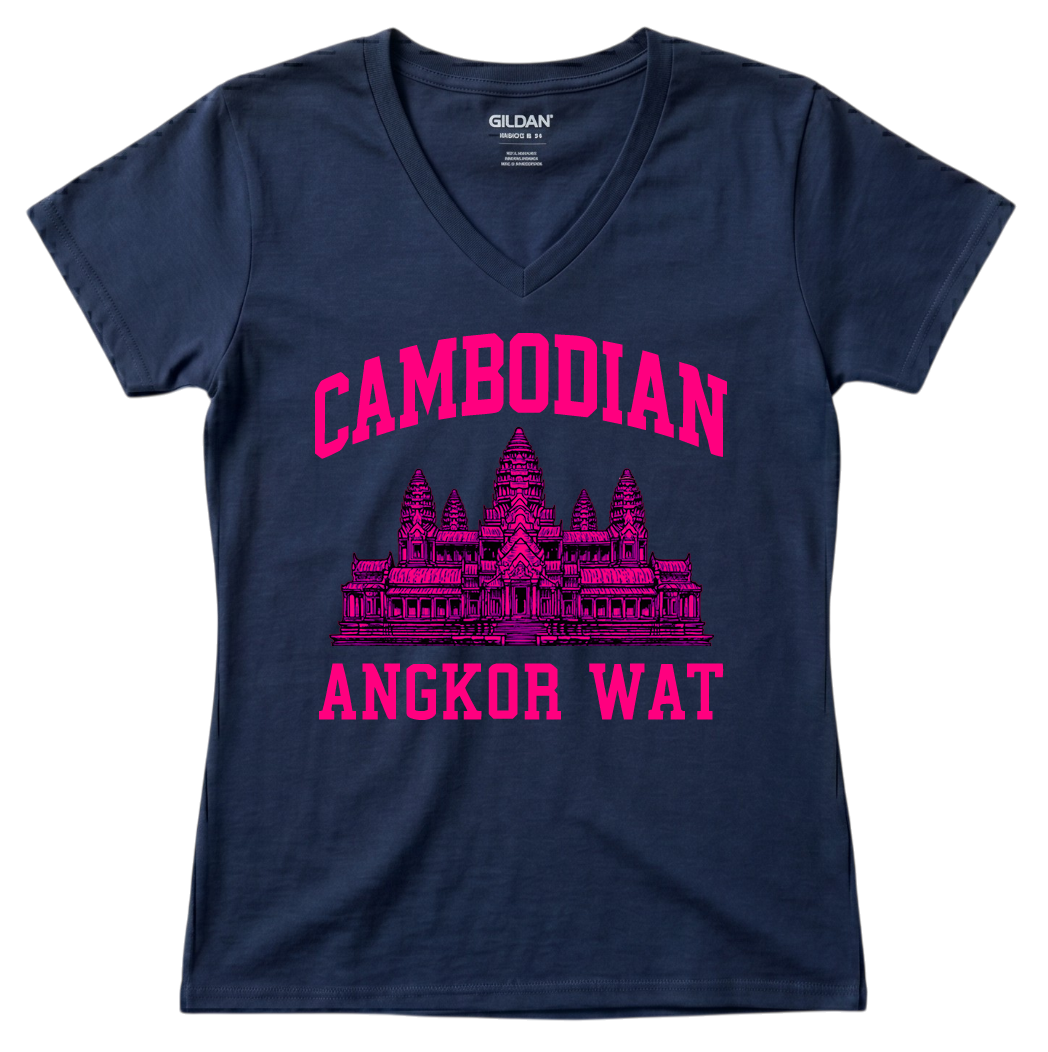 Cambodian Angkor Wat Women's V-Neck - Vibrant Pink Print V3
