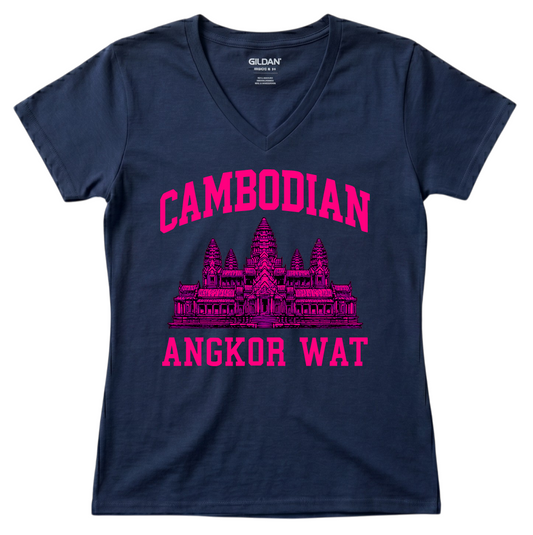 Cambodian Angkor Wat Women's V-Neck - Vibrant Pink Print V3