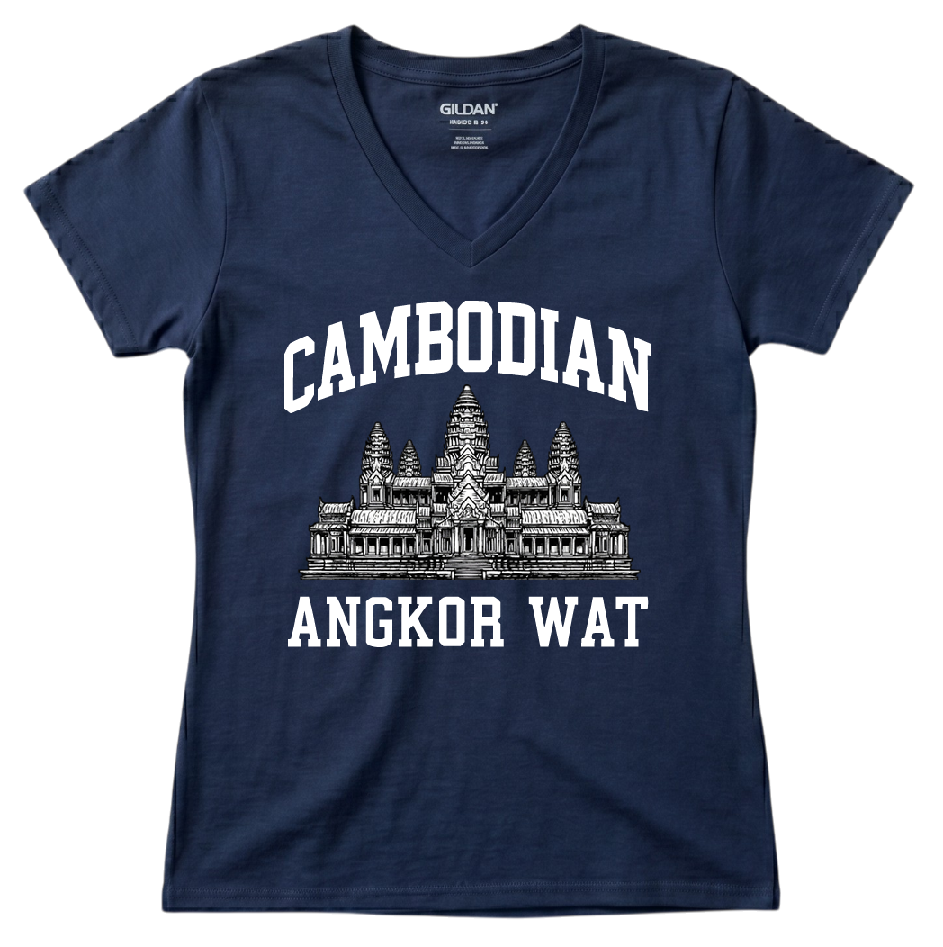 Cambodian Pride Angkor Wat Graphic V-Neck Tee - Blue V6