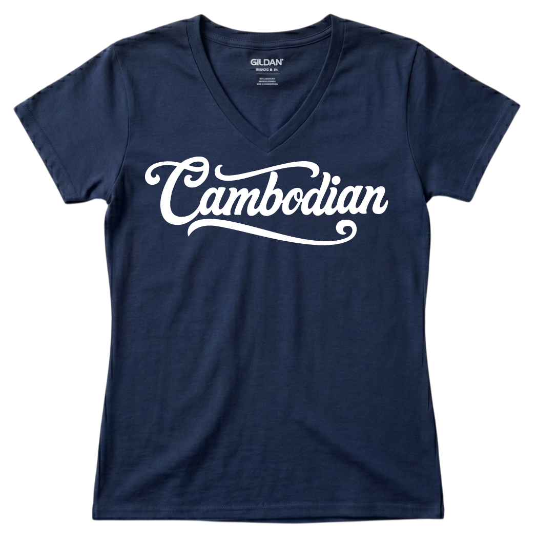 Cambodian Heritage Script Women’s V-Neck Tee – Royal Blue V10