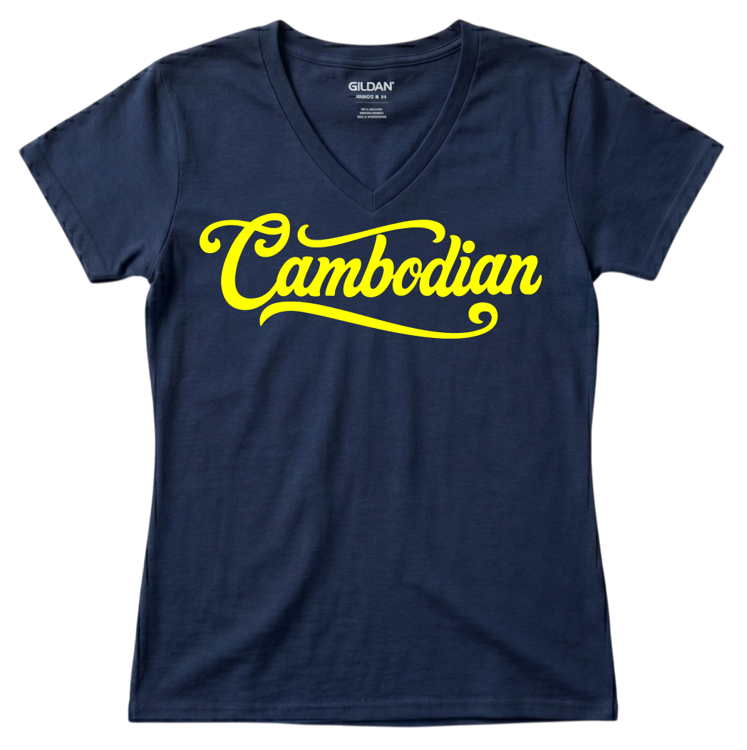 Cambodian Heritage Cursive Women’s V-Neck Tee – Black & Yellow V11
