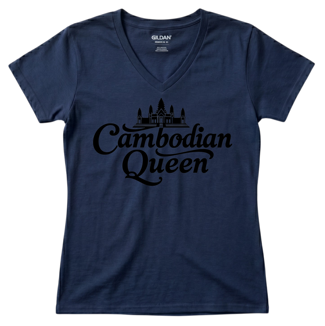 Cambodian Queen Angkor Wat Women’s V-Neck Tee – Red & Black V14