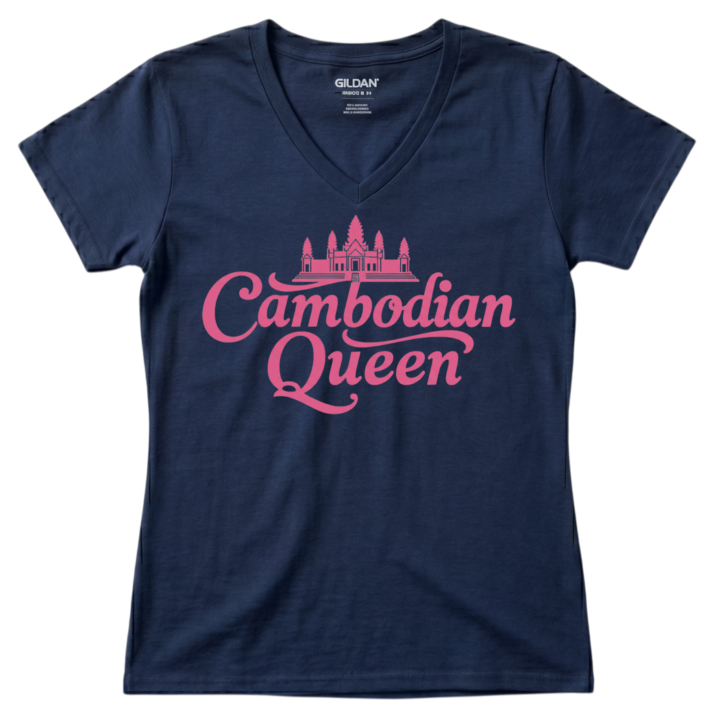 Cambodian Queen Angkor Wat Women’s V-Neck Tee – Black & Pink V15
