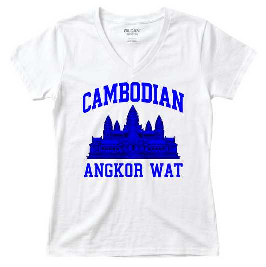 Cambodian Angkor Wat Women's V-Neck - Royal Blue Print V2
