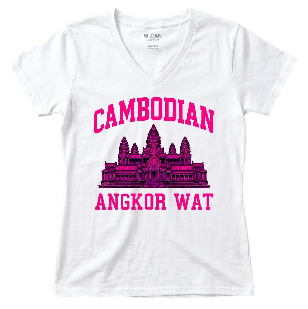 Cambodian Angkor Wat Women's V-Neck - Vibrant Pink Print V3