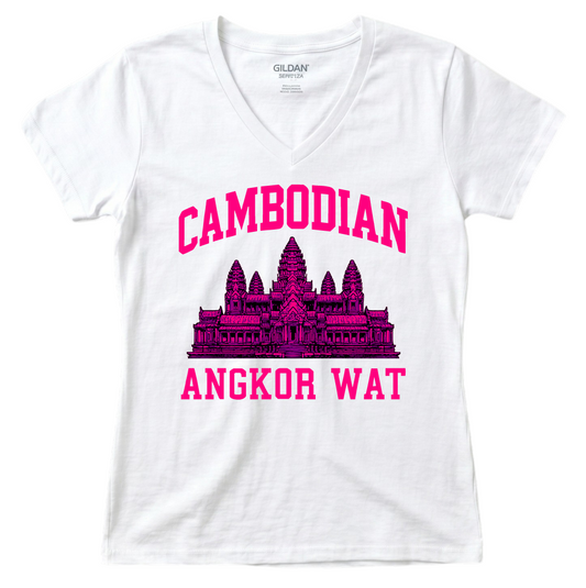 Cambodian Angkor Wat Women's V-Neck - Vibrant Pink Print V3