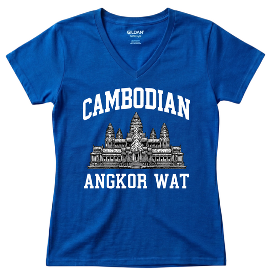Cambodian Pride Angkor Wat Graphic V-Neck Tee - Blue V6