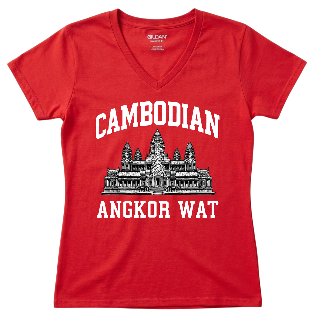 Cambodian Pride Angkor Wat Graphic V-Neck Tee - Blue V6