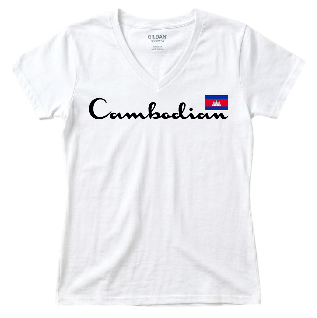 Cambodian Flag Heritage Script V-Neck Tee - Royal Blue V8