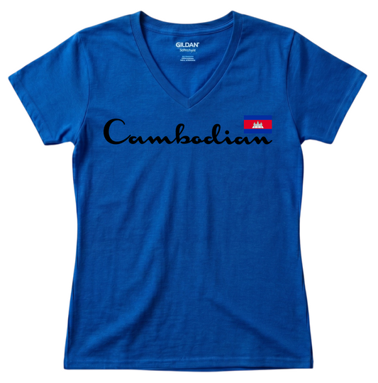 Cambodian Flag Heritage Script V-Neck Tee - Royal Blue V8