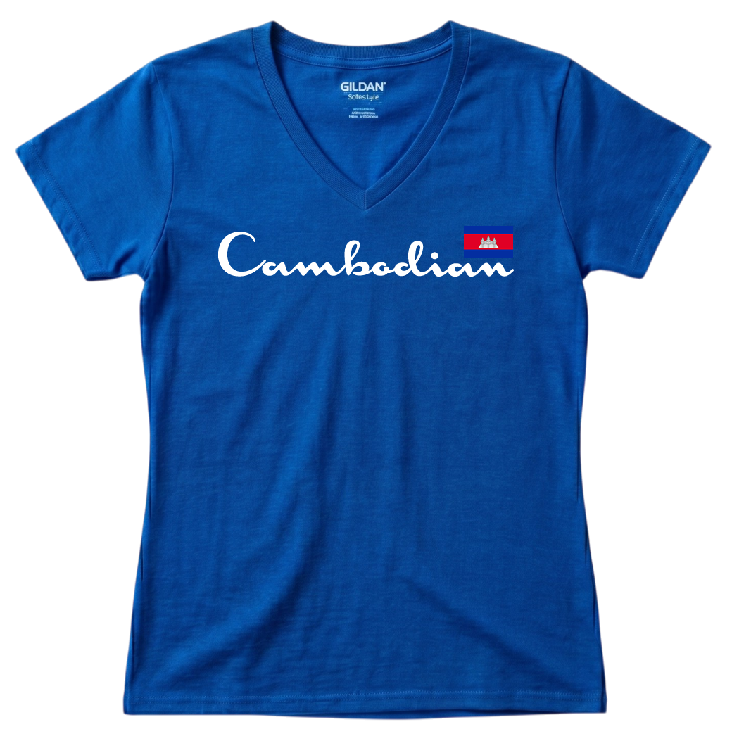Cambodian Heritage Script Flag V-Neck Tee - Blue V7