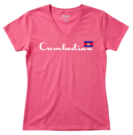Cambodian Heritage Script Flag V-Neck Tee - Blue V7