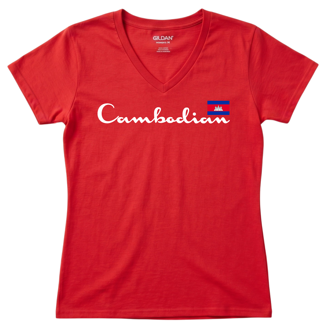 Cambodian Heritage Script Flag V-Neck Tee - Blue V7