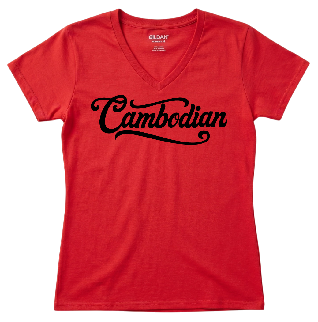 Cambodian Heritage Script V-Neck Tee - Classic White V9