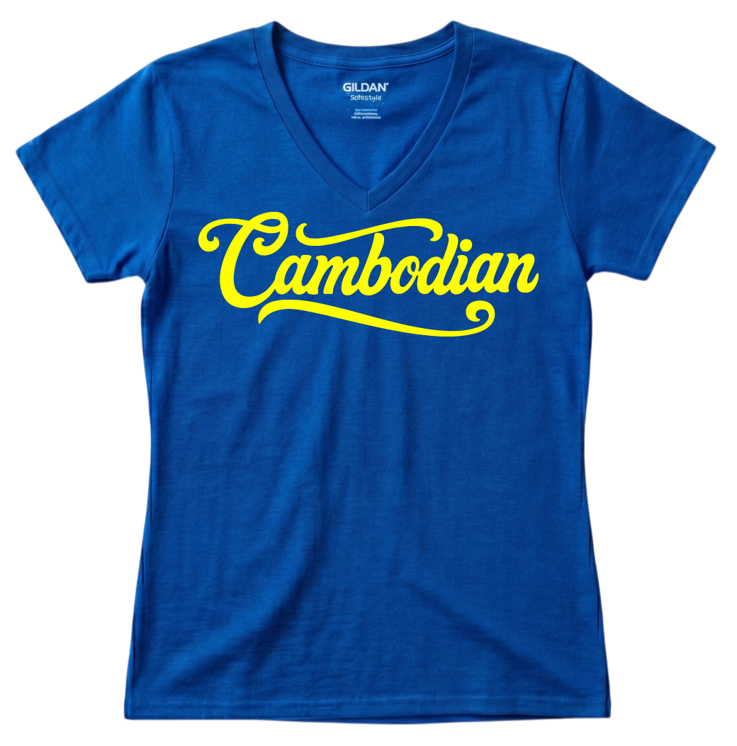 Cambodian Heritage Cursive Women’s V-Neck Tee – Black & Yellow V11