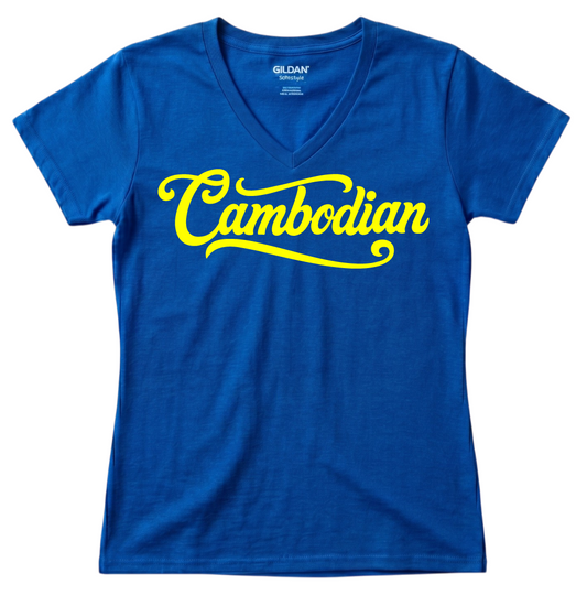 Cambodian Heritage Cursive Women’s V-Neck Tee – Black & Yellow V11