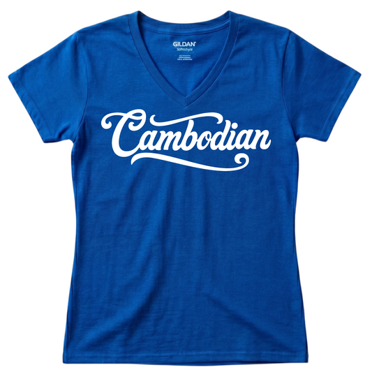Cambodian Heritage Script Women’s V-Neck Tee – Royal Blue V10