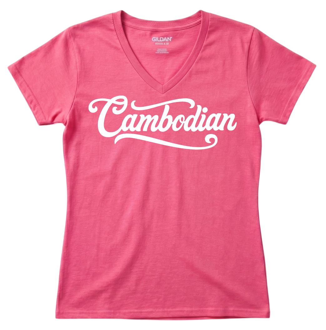 Cambodian Heritage Script Women’s V-Neck Tee – Royal Blue V10