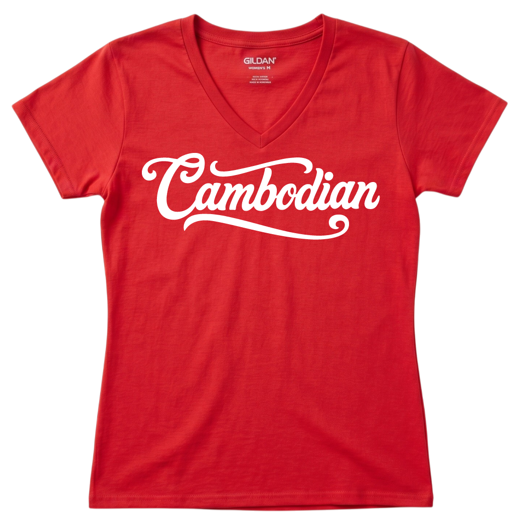 Cambodian Heritage Script Women’s V-Neck Tee – Royal Blue V10