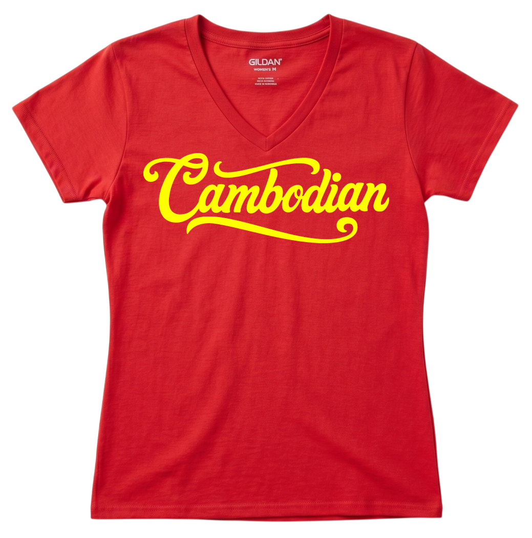 Cambodian Heritage Cursive Women’s V-Neck Tee – Black & Yellow V11