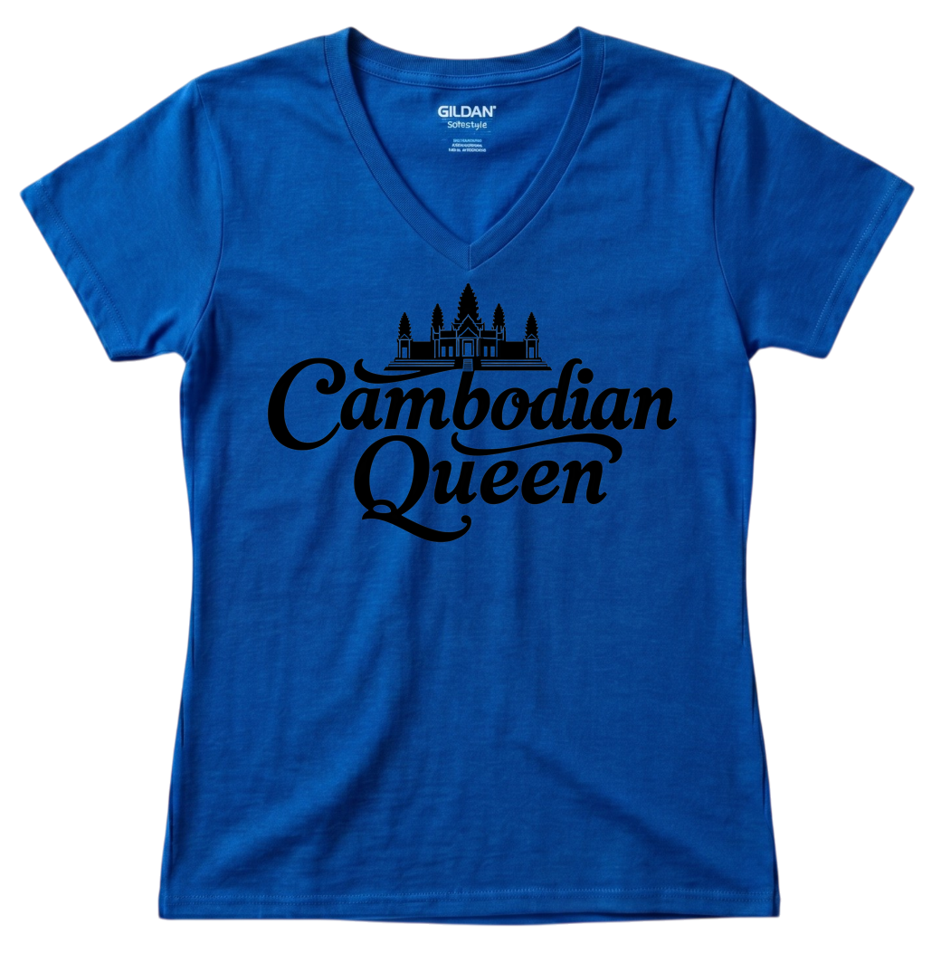 Cambodian Queen Angkor Wat Women’s V-Neck Tee – Red & Black V14
