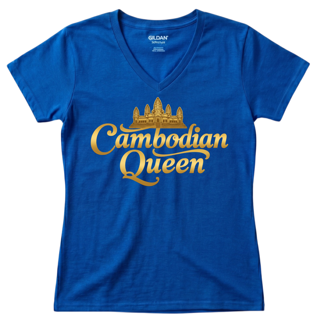 Cambodian Queen Angkor Wat Women’s V-Neck Tee – Black & Gold V12