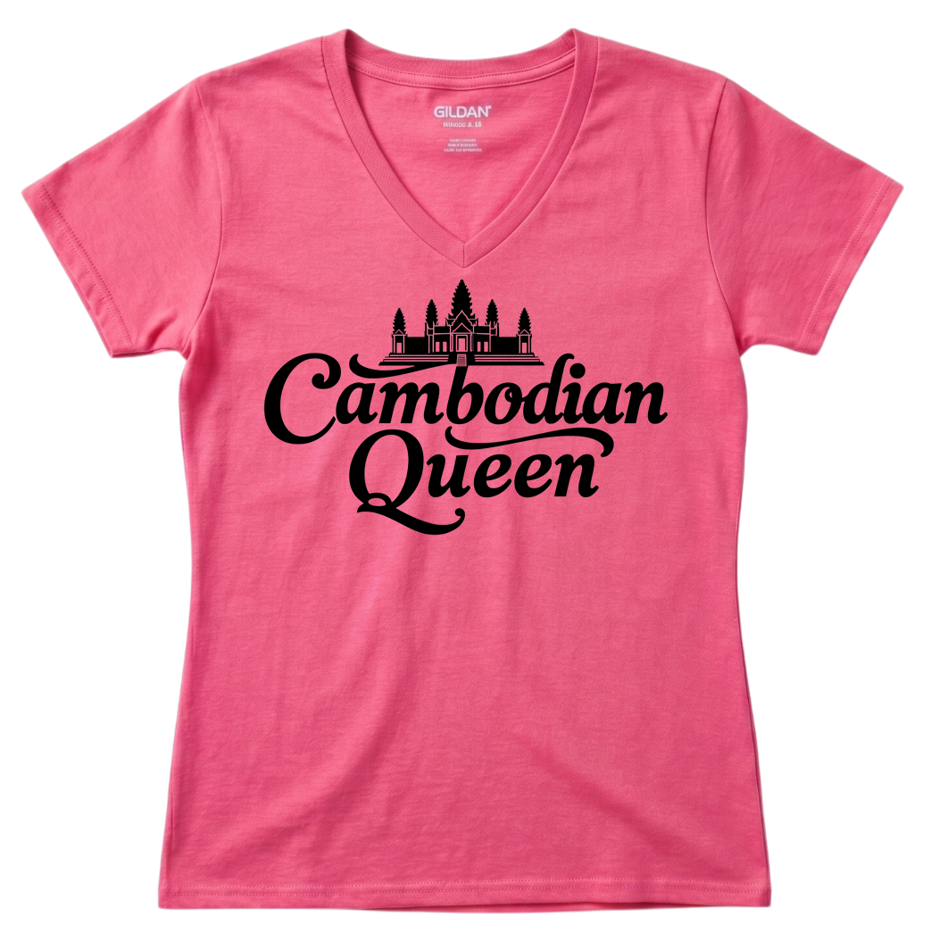 Cambodian Queen Angkor Wat Women’s V-Neck Tee – Red & Black V14