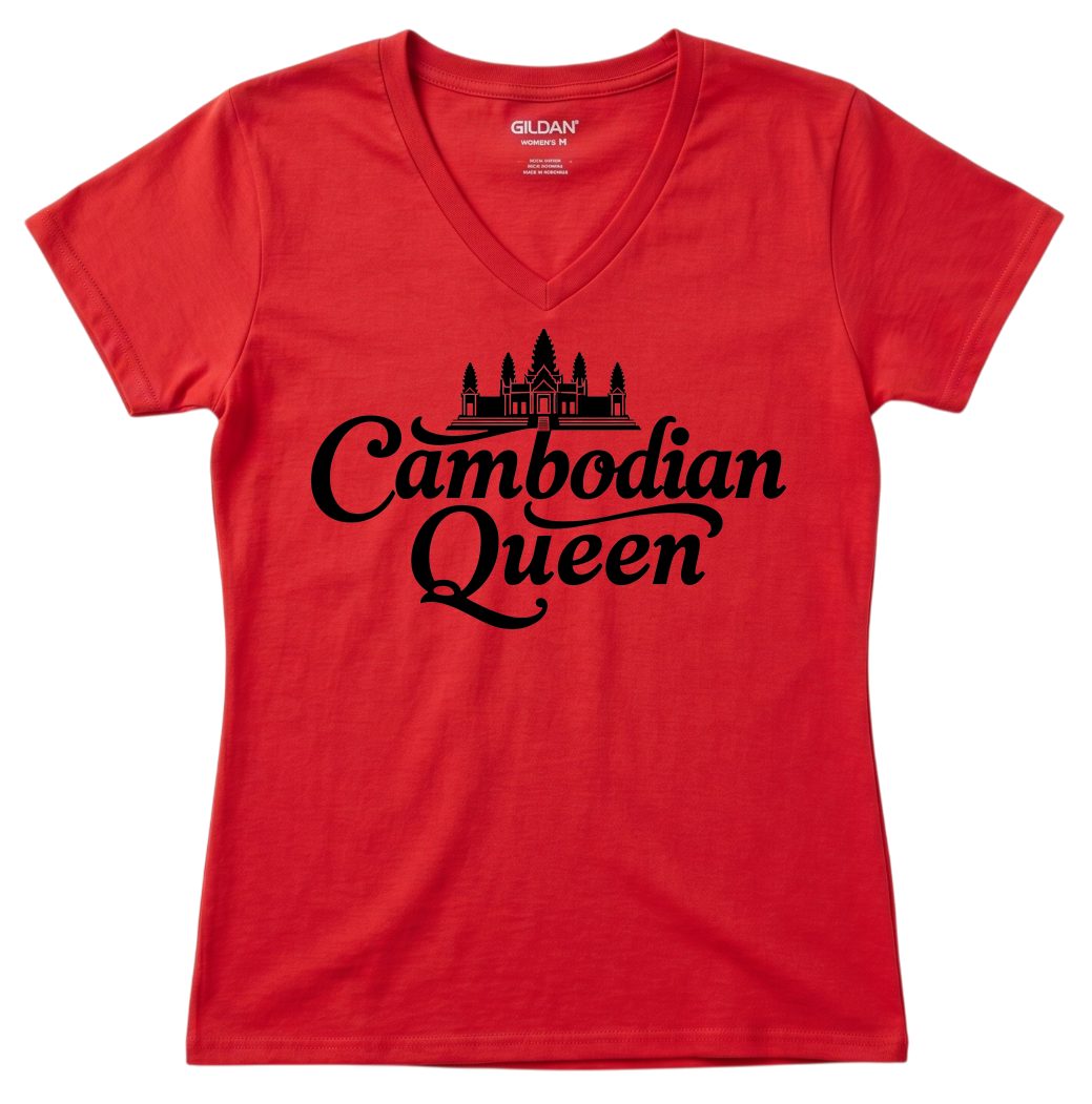 Cambodian Queen Angkor Wat Women’s V-Neck Tee – Red & Black V14