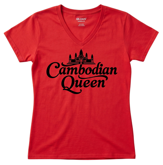 Cambodian Queen Angkor Wat Women’s V-Neck Tee – Red & Black V14