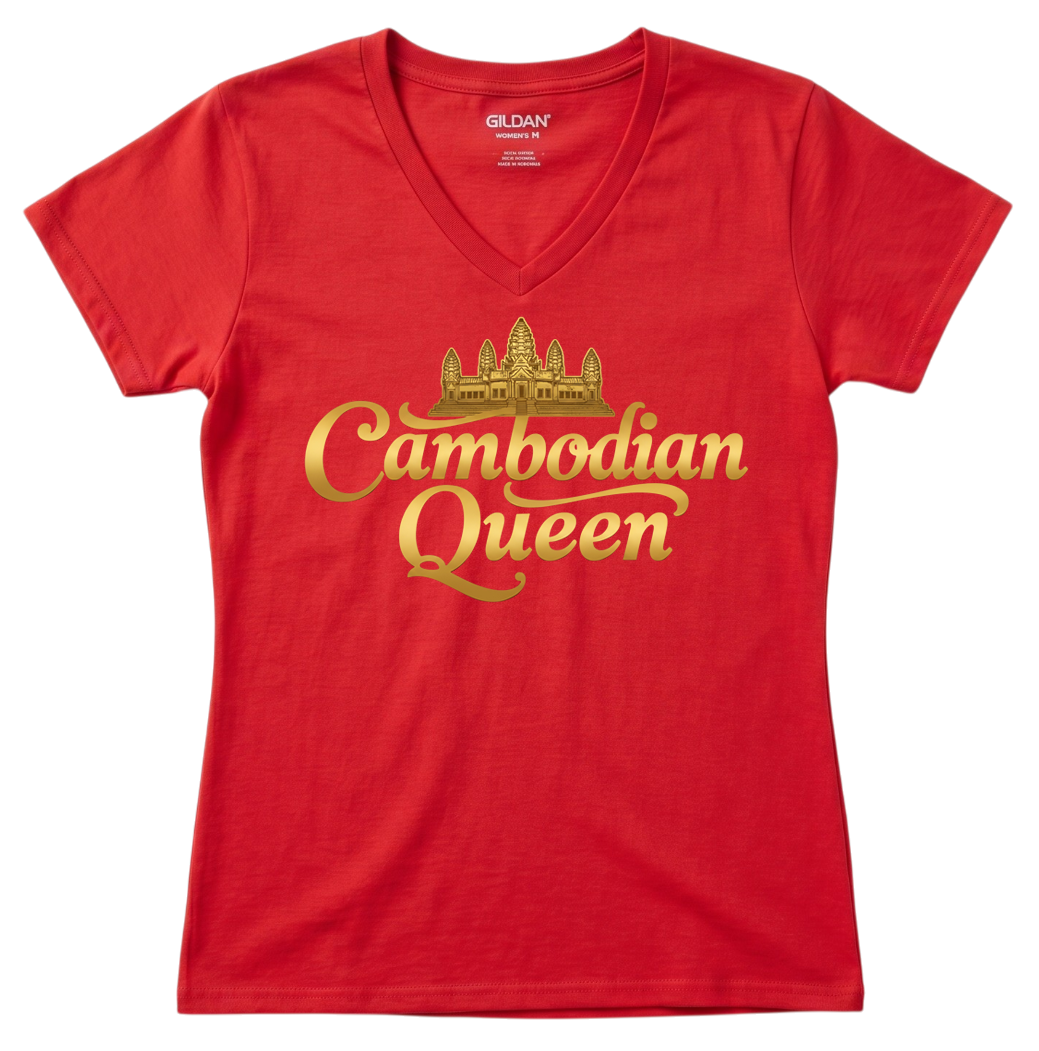 Cambodian Queen Angkor Wat Women’s V-Neck Tee – Black & Gold V12