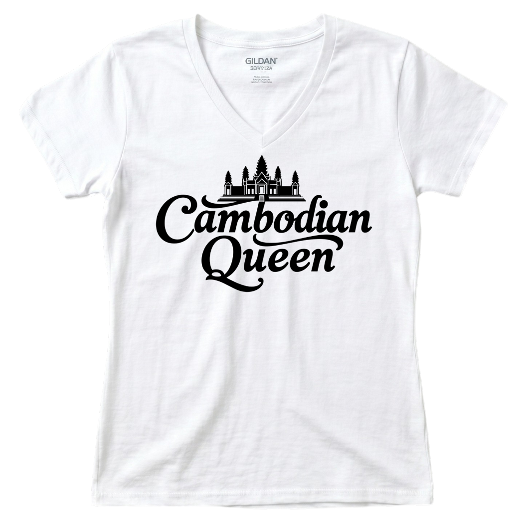 Cambodian Queen Angkor Wat Women’s V-Neck Tee – Red & Black V14