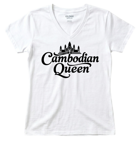Cambodian Queen Angkor Wat Women’s V-Neck Tee – Red & Black V14