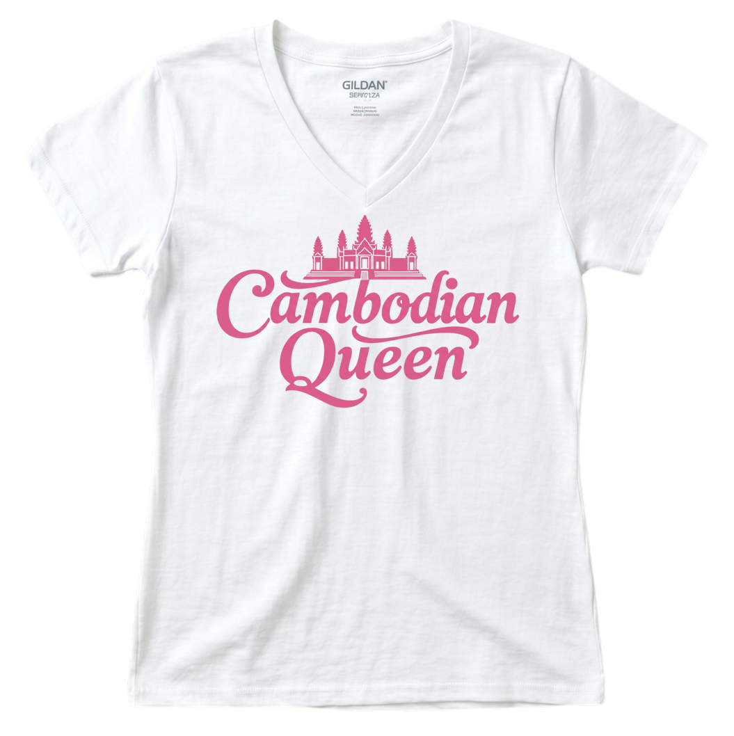 Cambodian Queen Angkor Wat Women’s V-Neck Tee – Black & Pink V15