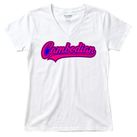 V-Neck Cambodian Pride Tee – Pink & Blue Heritage Script V17
