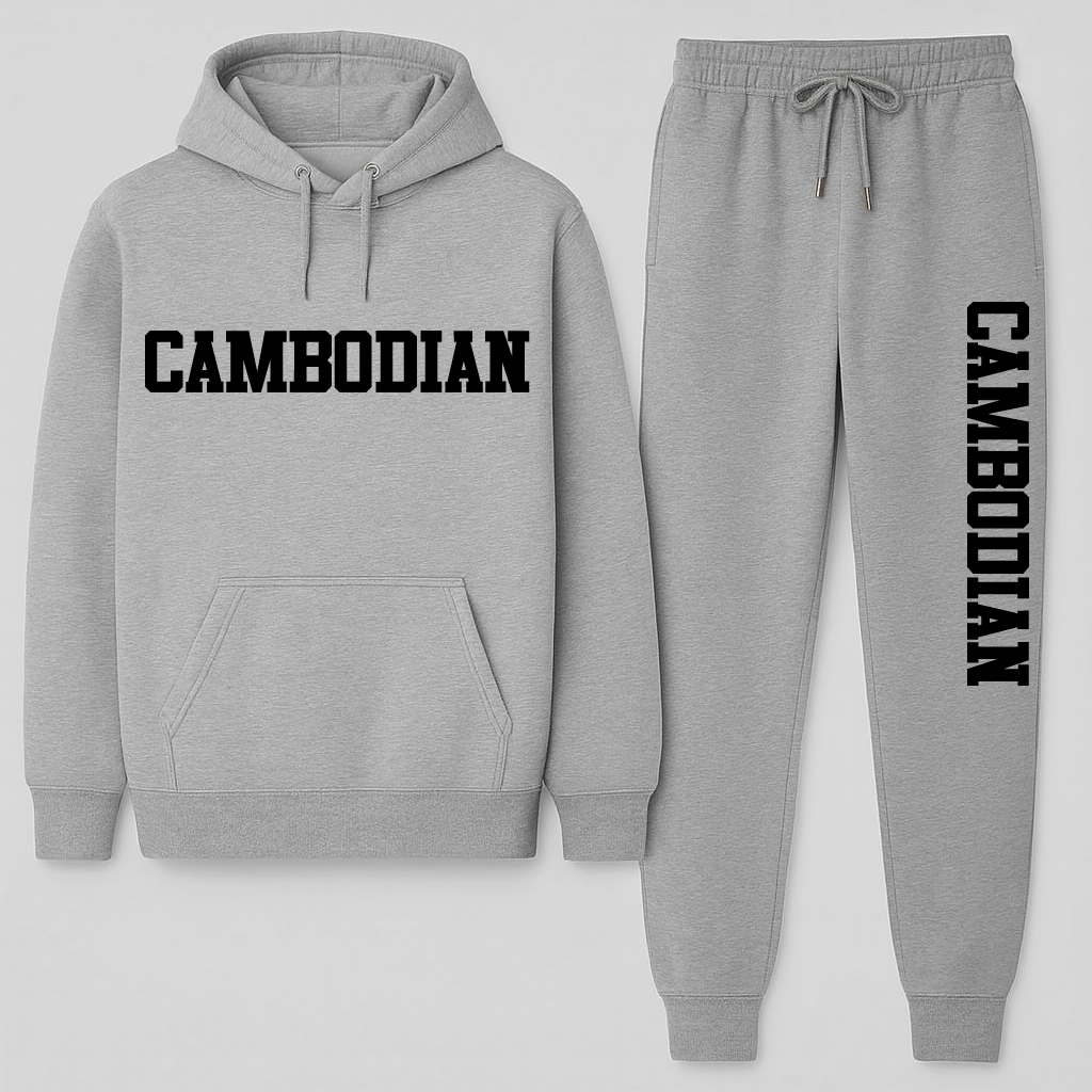 Gray hoodie and jogger set with 'CAMBODIAN' text on a white background