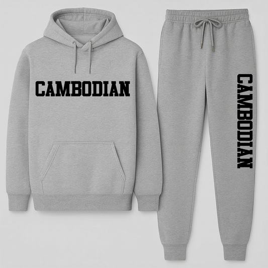 Gray hoodie and jogger set with 'CAMBODIAN' text on a white background