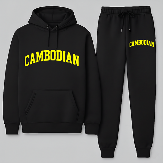 Black hoodie and jogger pants set with 'Cambodian' text on a gray background