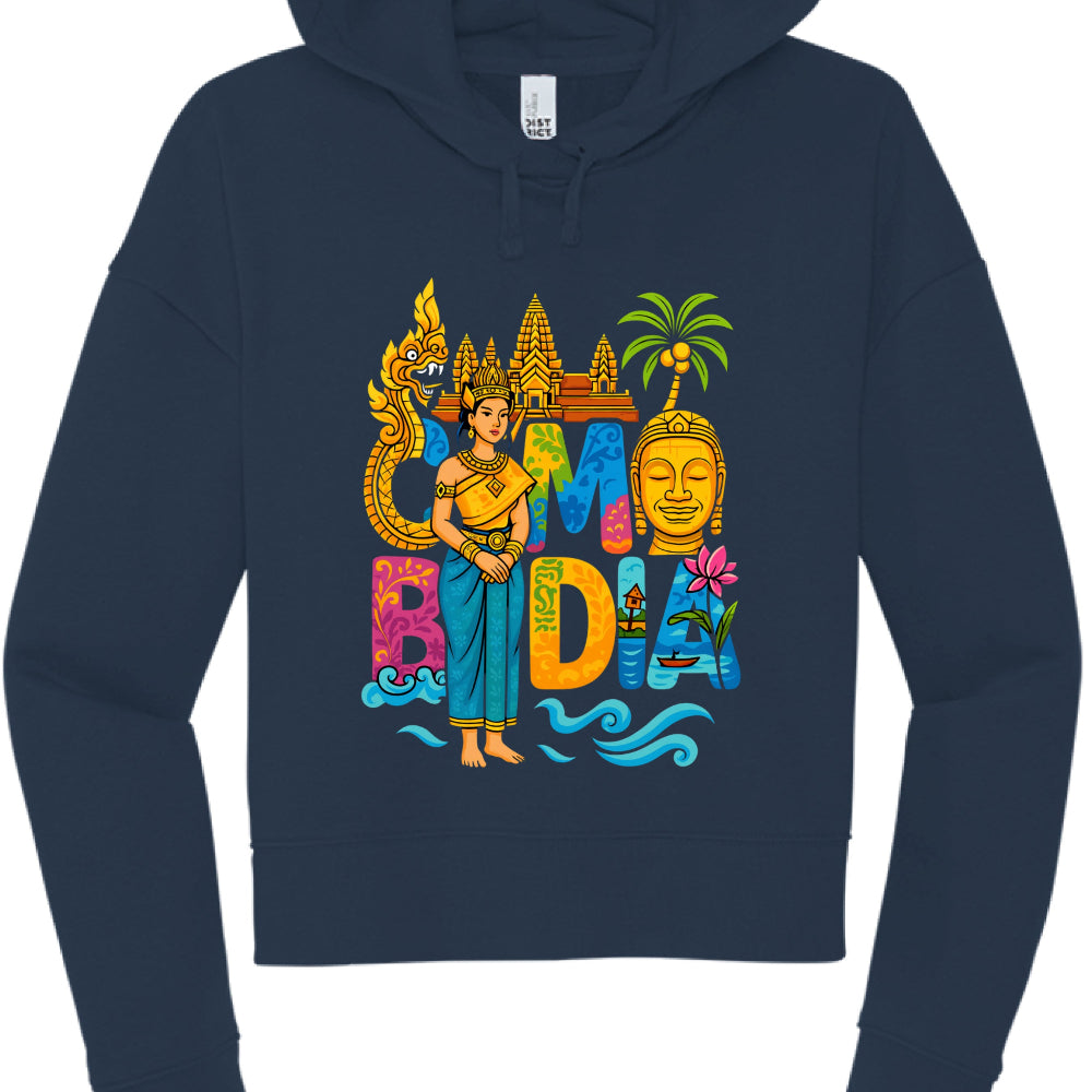 This image shows a navy blue, long-sleeved hooded sweatshirt featuring a vibrant, multi-colored graphic design that celebrates Cambodian culture.

Graphic Design Details
The central design is a collage of Cambodian symbols and landmarks arranged around the word "CAMBODIA":

Central Figure: A woman dressed in traditional Khmer attire, including a golden headdress, a yellow top, and a blue sarong.

Landmarks: A stylized golden depiction of Angkor Wat sits at the top center of the design.

Cultural Icons:

A g