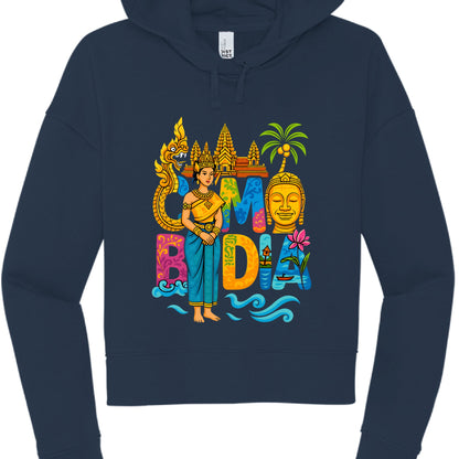 This image shows a navy blue, long-sleeved hooded sweatshirt featuring a vibrant, multi-colored graphic design that celebrates Cambodian culture.

Graphic Design Details
The central design is a collage of Cambodian symbols and landmarks arranged around the word "CAMBODIA":

Central Figure: A woman dressed in traditional Khmer attire, including a golden headdress, a yellow top, and a blue sarong.

Landmarks: A stylized golden depiction of Angkor Wat sits at the top center of the design.

Cultural Icons:

A g