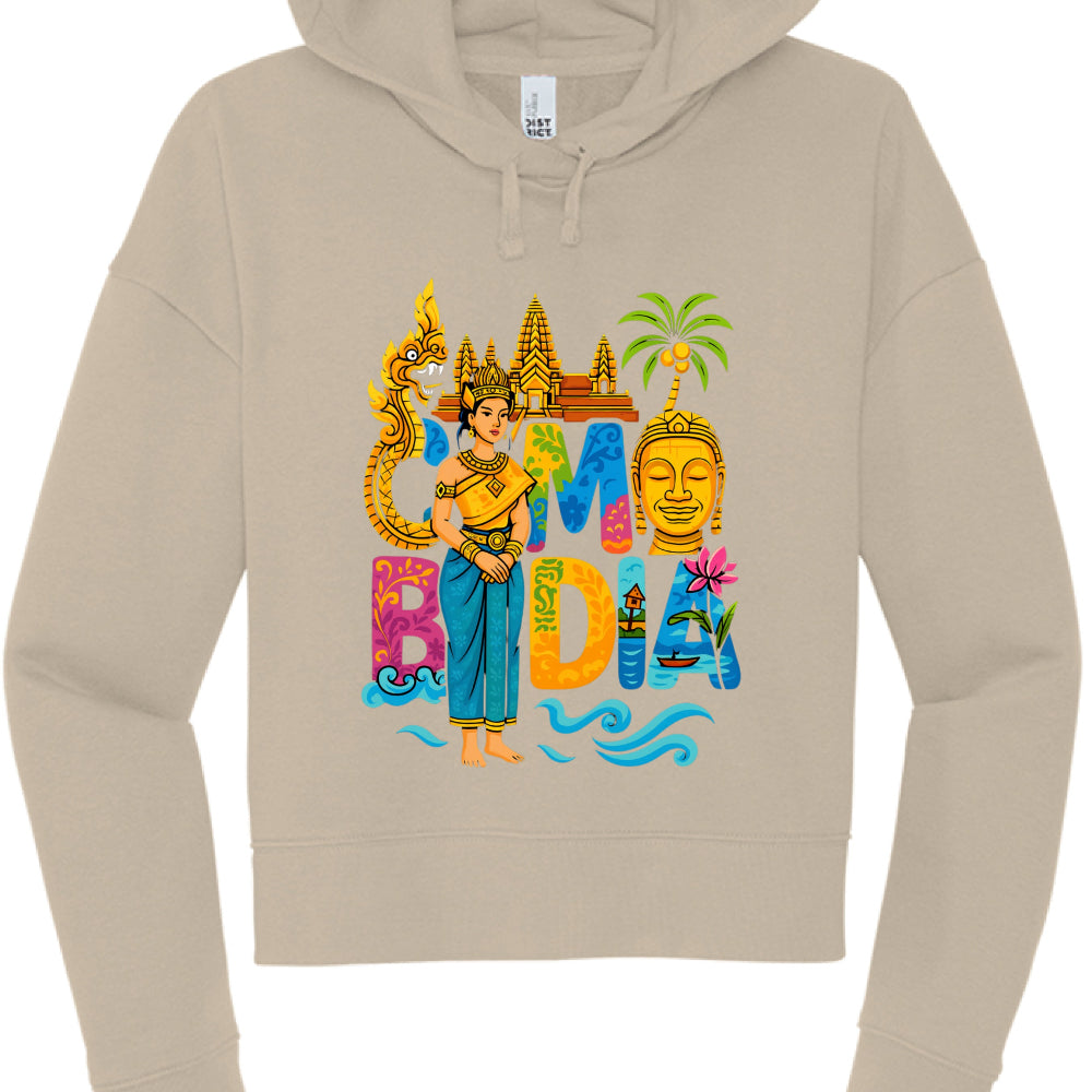 Beige hoodie with colorful 'Bollywood' design featuring a dancer, temple, and Buddha.
