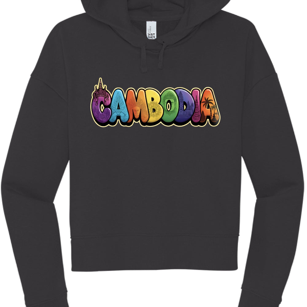 Black hoodie with 'Cambodia' in colorful letters on a white background