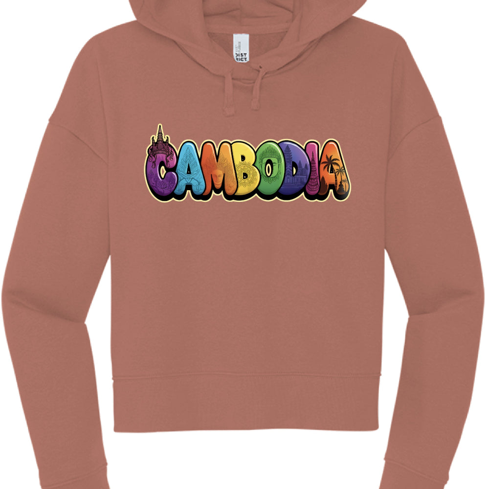 Brown hoodie with 'Cambodia' in colorful letters on a white background