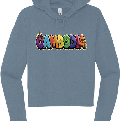 Blue hoodie with colorful 'Cambodia' text design on a white background