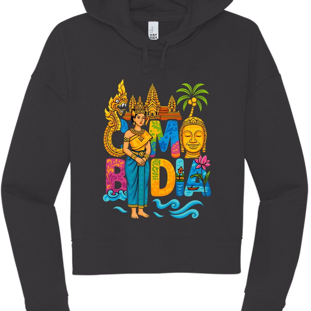 Black hoodie with colorful Cambodia-themed design featuring a temple, dragon, and traditional figure.