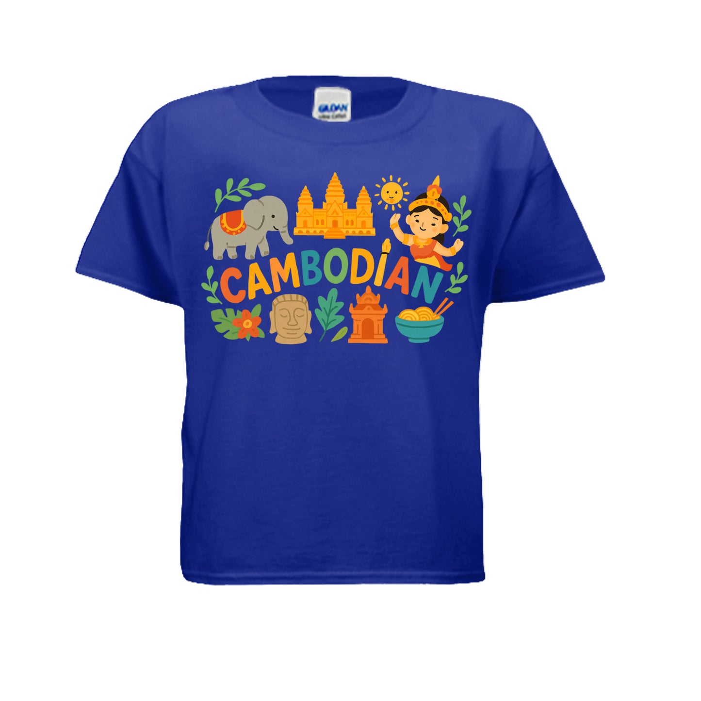 Blue t-shirt with colorful Cambodian-themed graphics on a white background