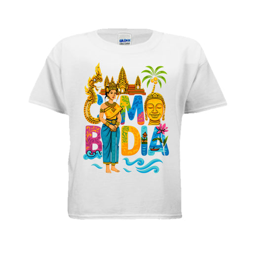 White t-shirt with colorful Cambodia-themed design featuring a woman, temples, and traditional elements on a white background.