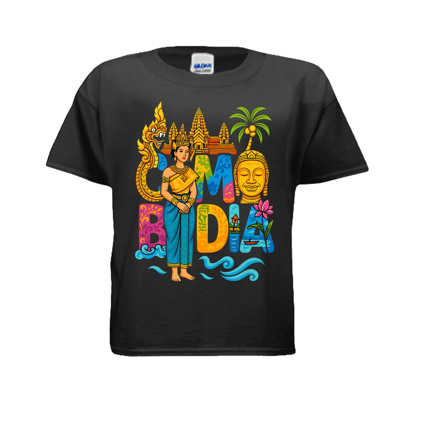 Black t-shirt with colorful Cambodia-themed design featuring a temple and traditional figure on a white background.