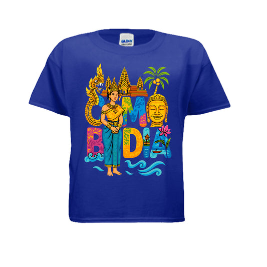 Blue t-shirt with colorful Cambodia-themed design on a white background