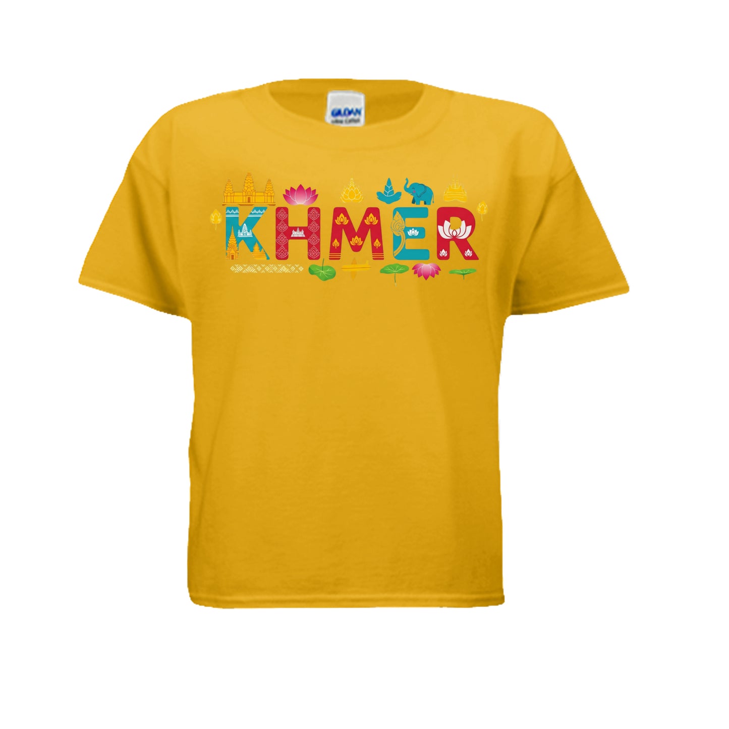 Yellow t-shirt with colorful 'KHMER' text on a white background