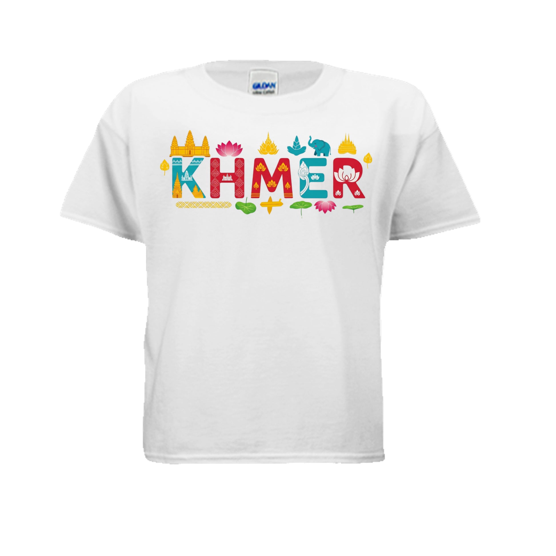 White t-shirt with colorful 'KHMER' text design on a white background